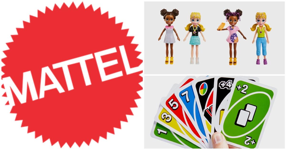 Mattel logo; Uno cards and Polly Pocket dolls