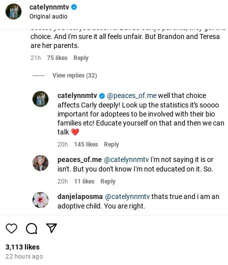 Catelynn Baltierra's comment on Instagram