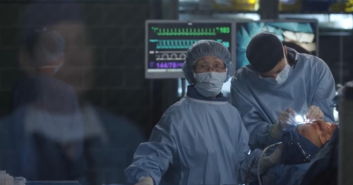 Meredith and BokHee looking at one another in the OR