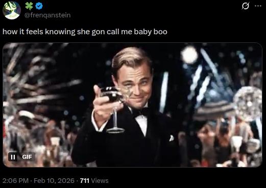 A meme on X about the 'she gon call me baby boo' trend.