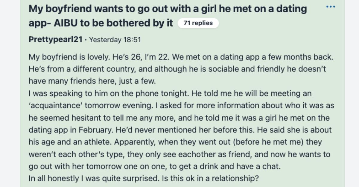 mumsnet am i being unreasonable forum asking if it's ok for boyfriend to be friends with girl he went on date with once from a dating app