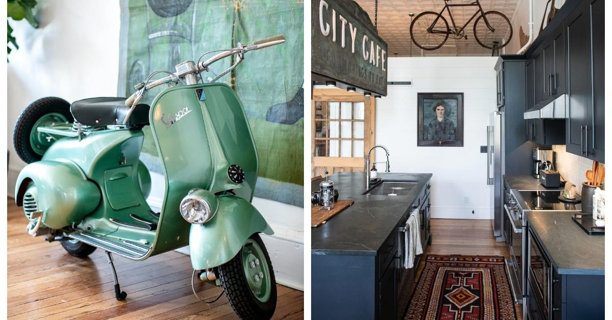 (L-R): Vintage moped in Mike Wolfe's VRBO; kitchen of Mike Wolfe's VRBO