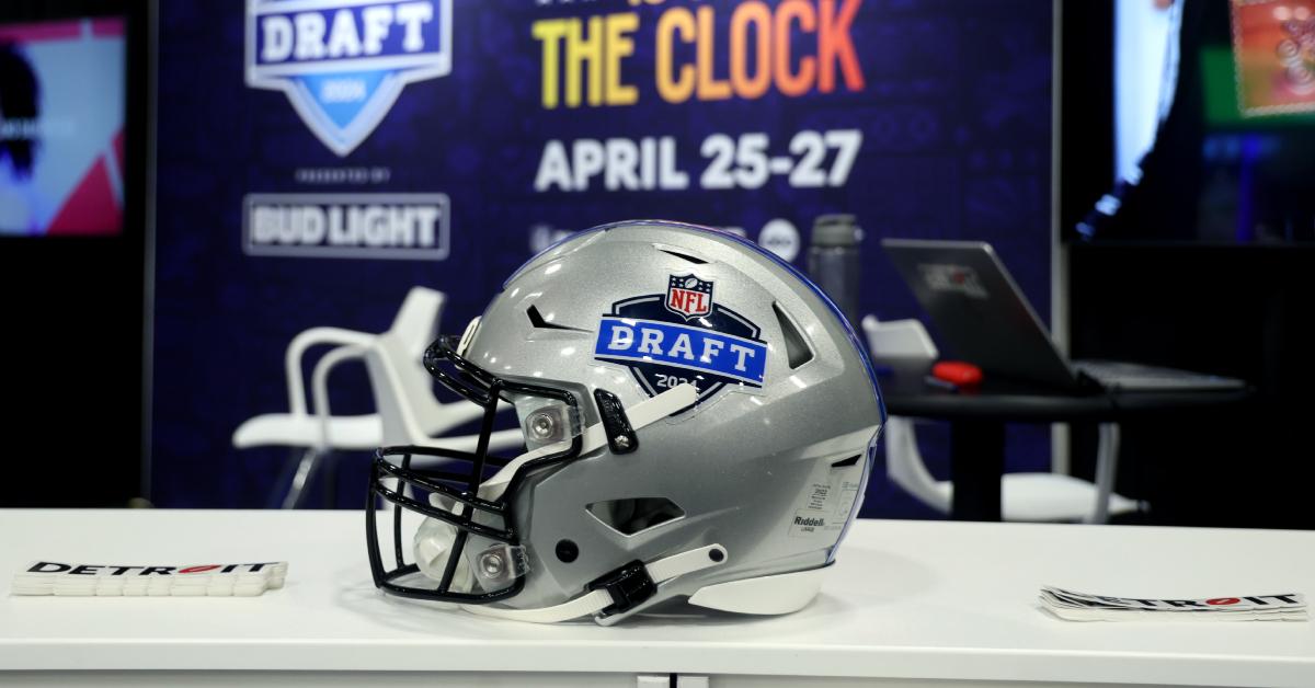 The NFL Draft 2024 booth at Super Bowl LVIII Radio Row on Feb. 6, 2024 in Las Vegas features a silver football helmet with the "NFL Draft 2024" logo on it.