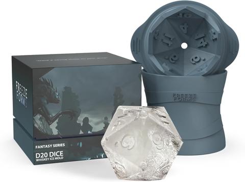 A blue whiskey ice mold shaped like a d20 die