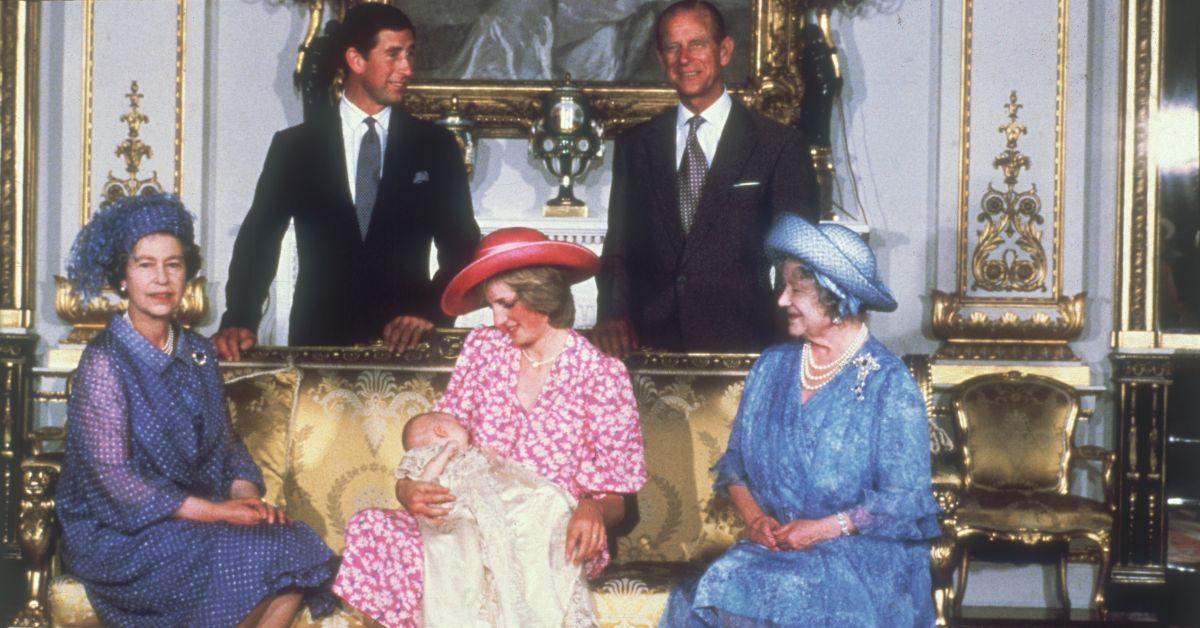 (l-r): Queen Elizabeth II, Prince Charles, Prince Philip the Duke of Edinburgh, Princess Diana, Prince William, and the Queen mother.