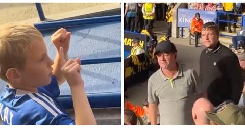 A kid taunts grown football fans