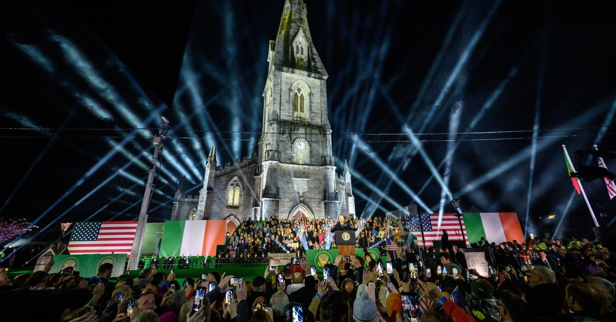 US President Joe Biden speaks to the crowd during a celebration event at St. Muredach's Cathedral