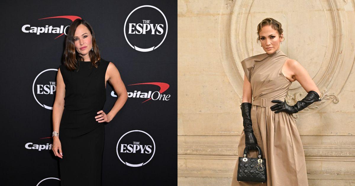 Split photo of Jennifer Garner and Jennifer Lopez posing on red carpets