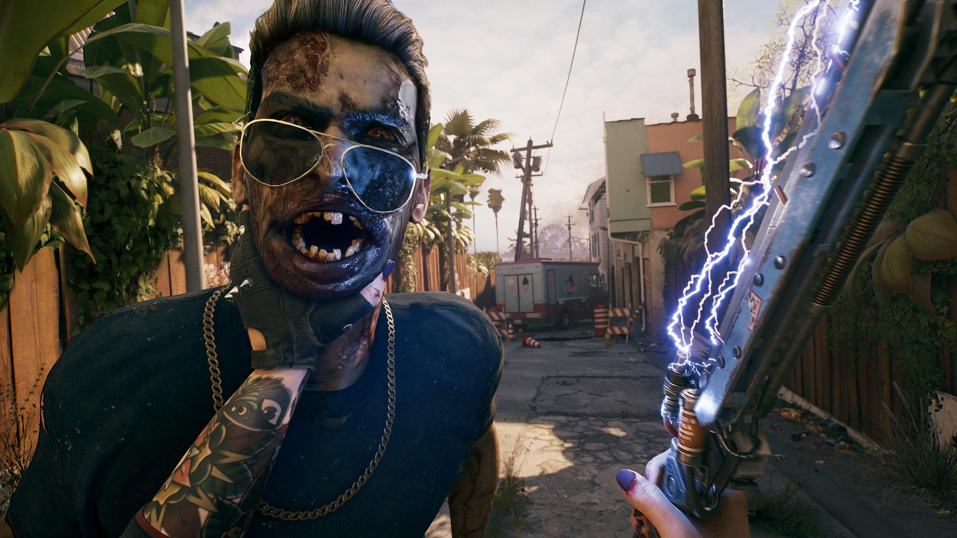 'Dead Island 2' Slayer preparing to chop off the head of a zombie with an electrical blade.