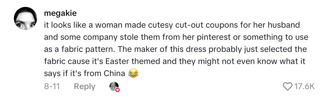 Comment on viral video of mom showing daughter's Easter dress with creepy messages.