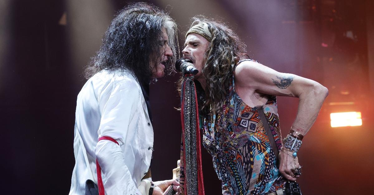 ELMONT, NEW YORK - SEPTEMBER 09: Joe Perry and Steven Tyler of Aerosmith perform at UBS Arena on September 09, 2023 in Elmont, New York. (Photo by Kevin Mazur/Getty Images)