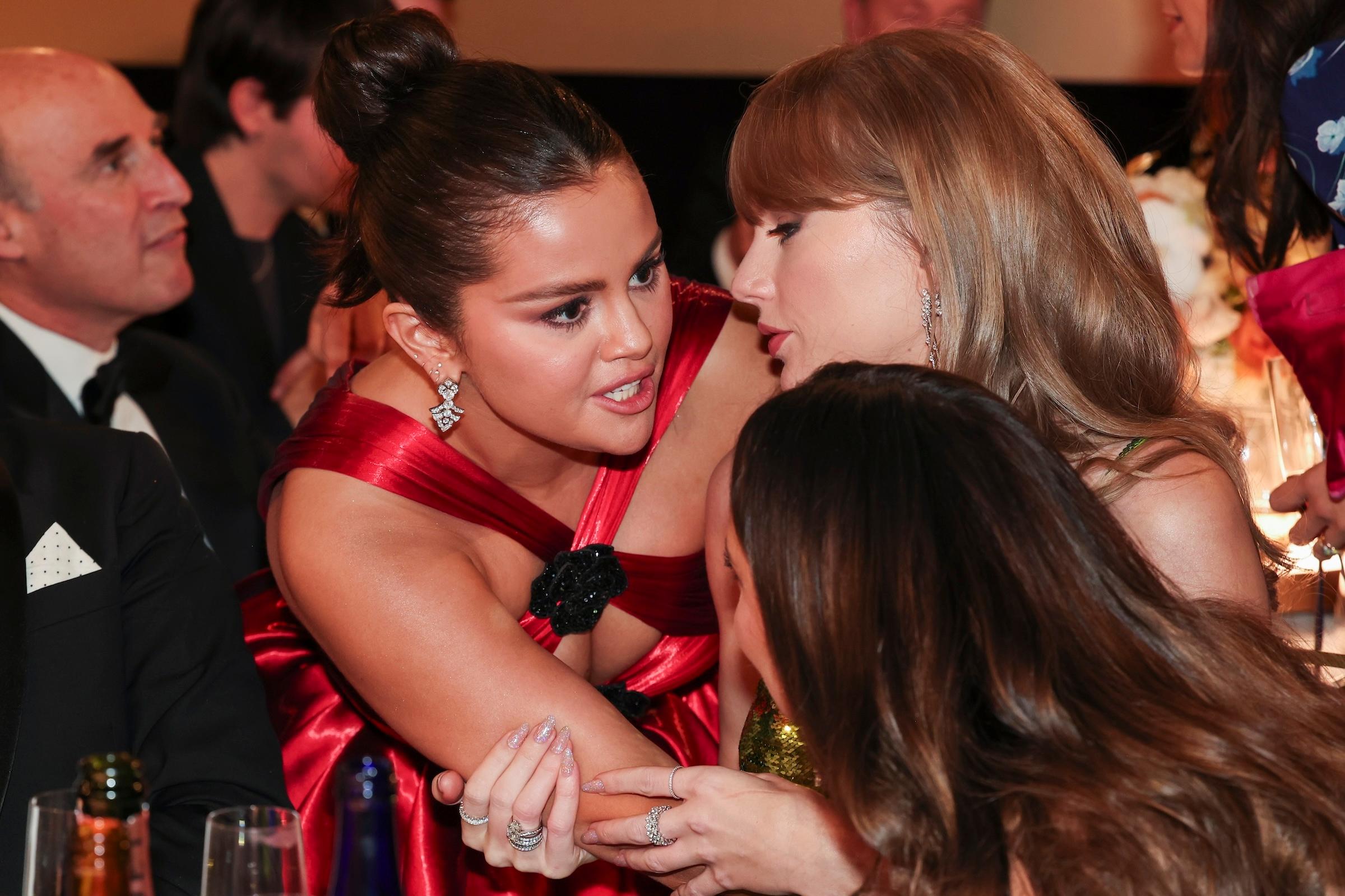 Selena Gomez and Taylor Swift at the 81st Golden Globe Awards held at the Beverly Hilton Hotel on January 7, 2024 in Beverly Hills, California.