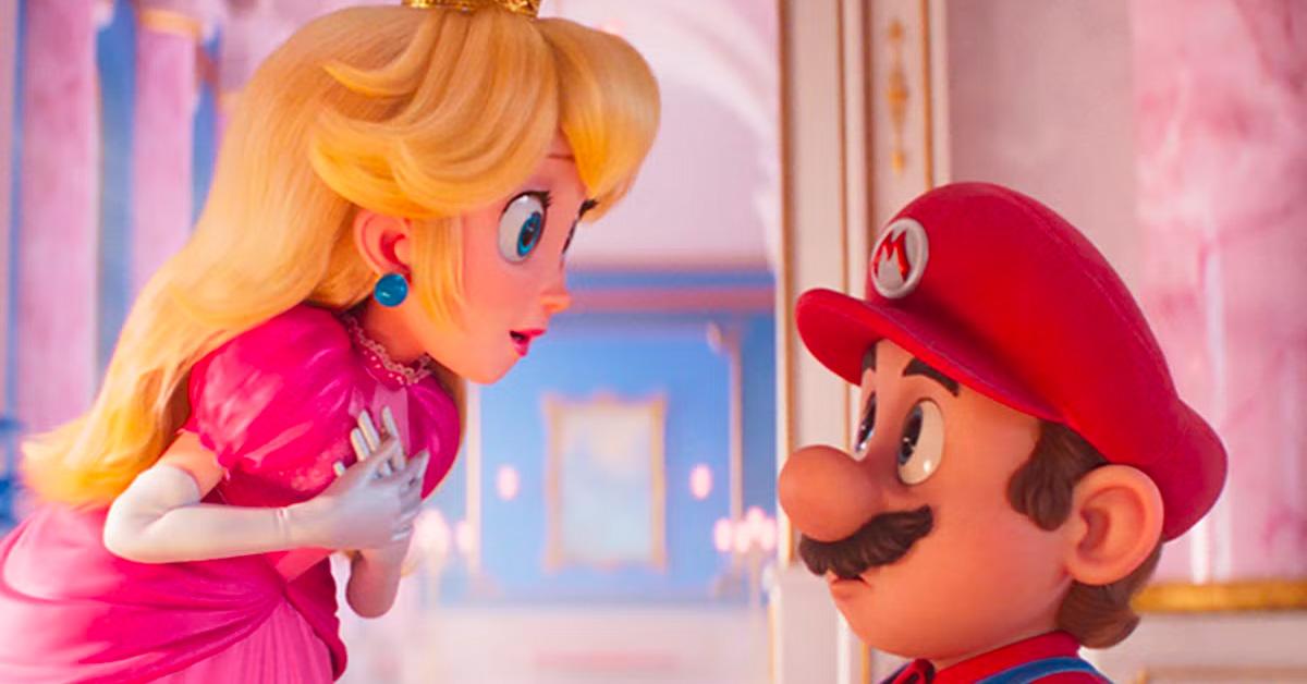 Princess Peach kneeling down to talk to Mario. 