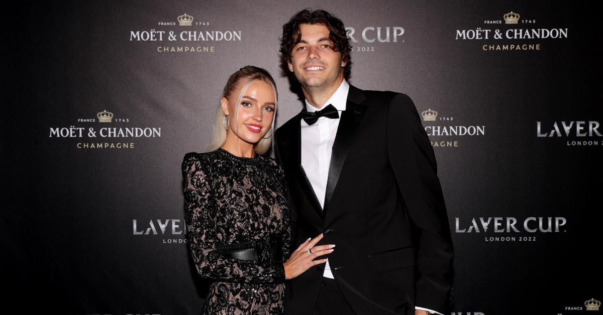 Taylor Fritz and his girlfriend Morgan Riddle pose for a photograph during a Gala Dinner.