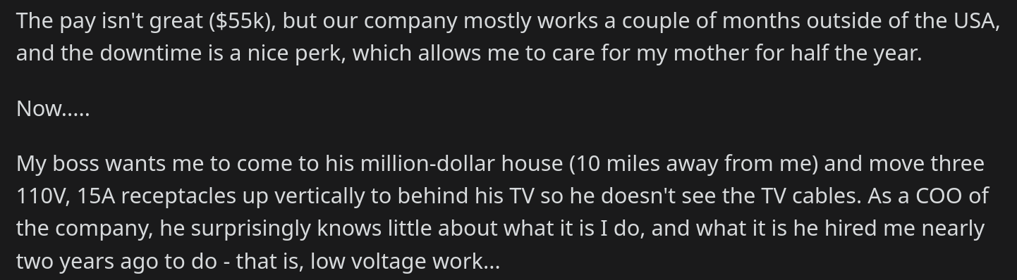 boss tries getting salaried employee to work on house