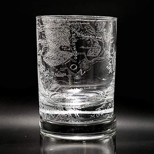 A whiskey glass etched with a map of middle earth