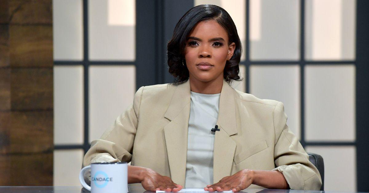 Candace Owens on set wearing a beige suit