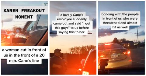 A Karen tries to cut in line at a drive-thru and an employee intervenes