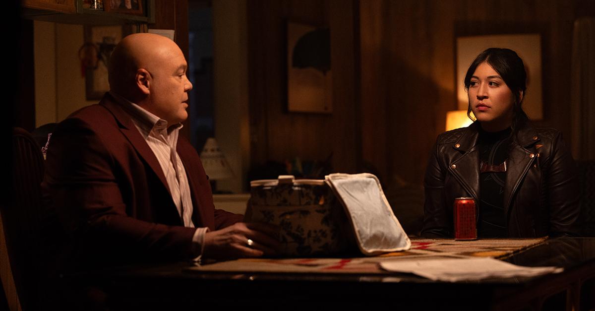 (l-r) Vincent D'Onofrio as Kingpin and Alaqua Cox as Maya Lopez