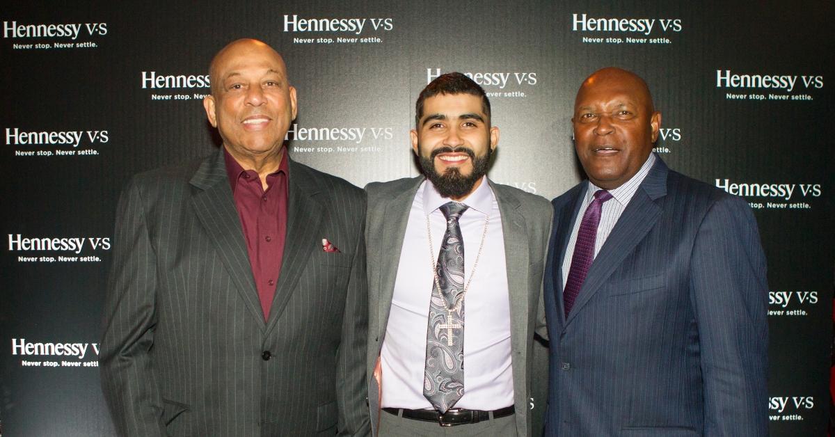 Orlando Cepeda and Sergio Romo and Vida Blue of the San Francisco Giants, pose for a photograph at Infusion Lounge on September 8, 2014 in San Francisco, California. (Photo by Kimberly White/Getty Images for Hennessy V.S)