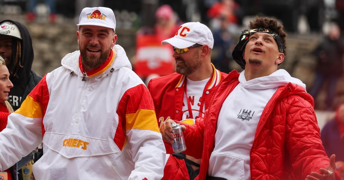 Travis Kelce and Patrick Mahomes celebrate Super Bowl LVII win