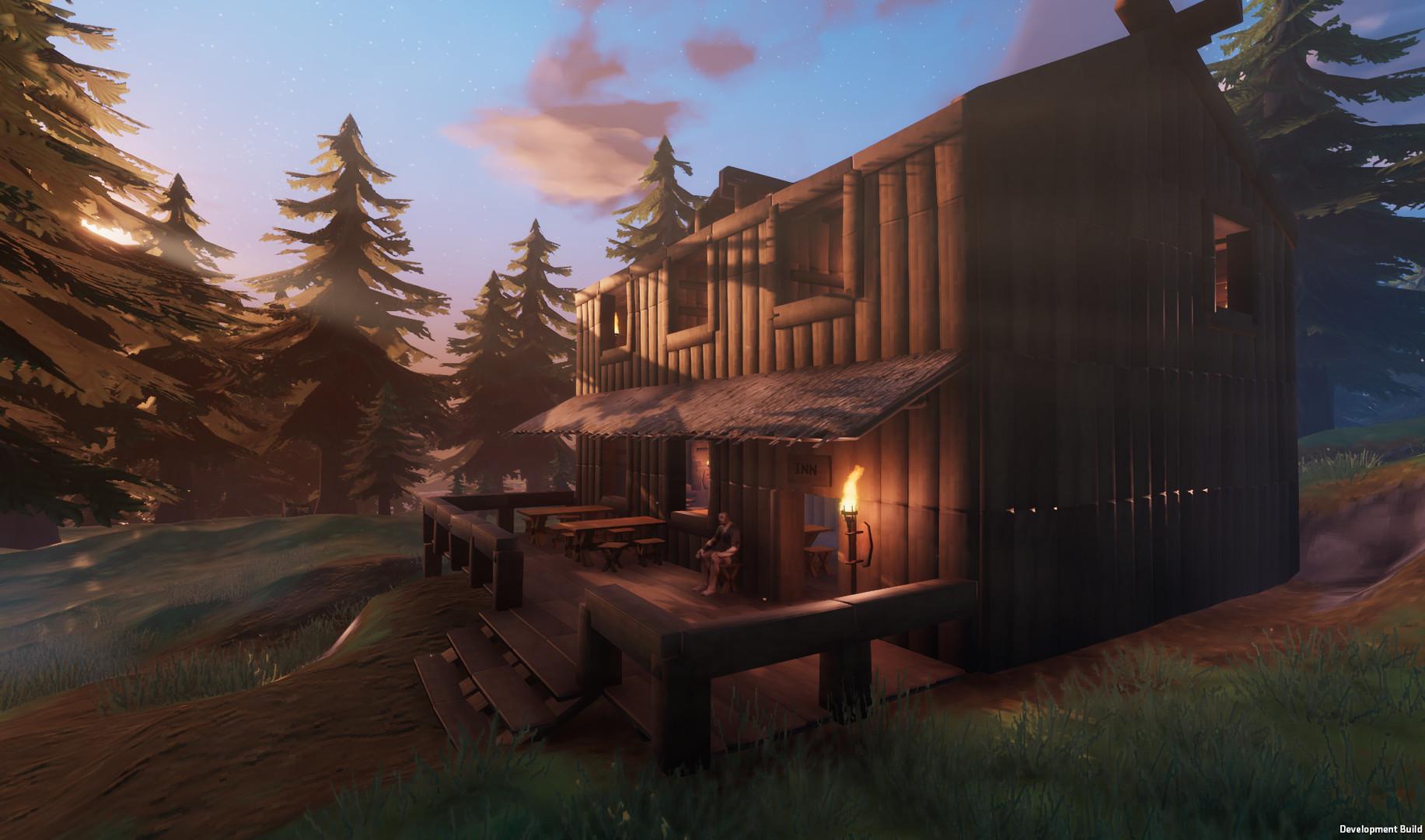 'Valheim' Player sitting out front of a wooden building they built.