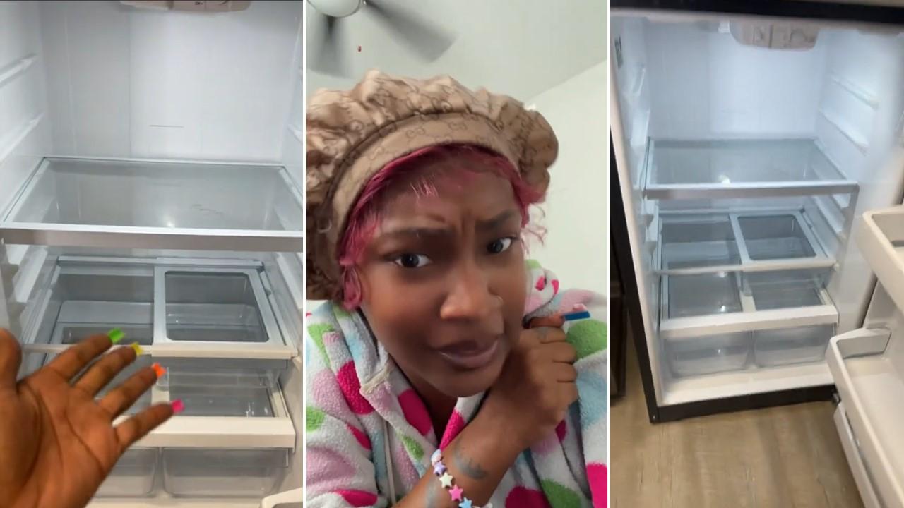 A woman who's disqualified from food stamps shows her empty refrigerator