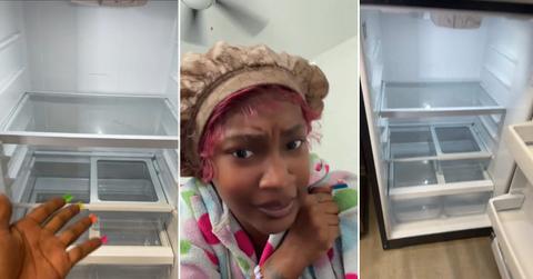 A woman who's disqualified from food stamps shows her empty refrigerator