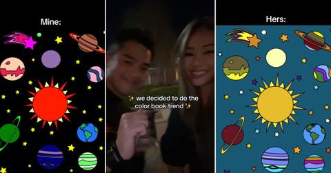 Two people show their version of the coloring book challenge on TikTok