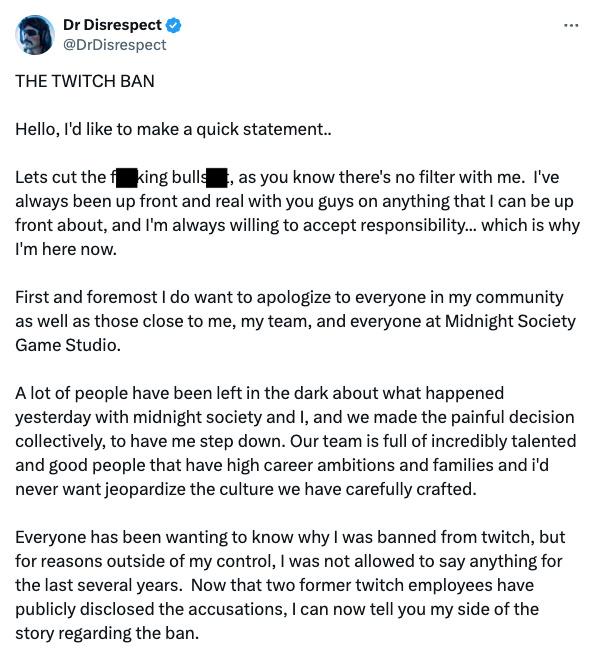 dr disrespect comment twitch ban