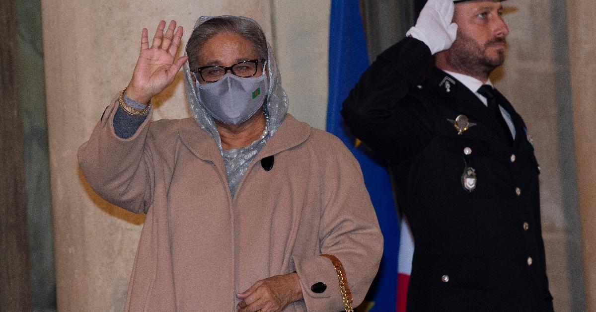 Former Bangladesh Prime Minister Sheikh Hasina arrives at the inaugural diner of the Paris Peace Forum