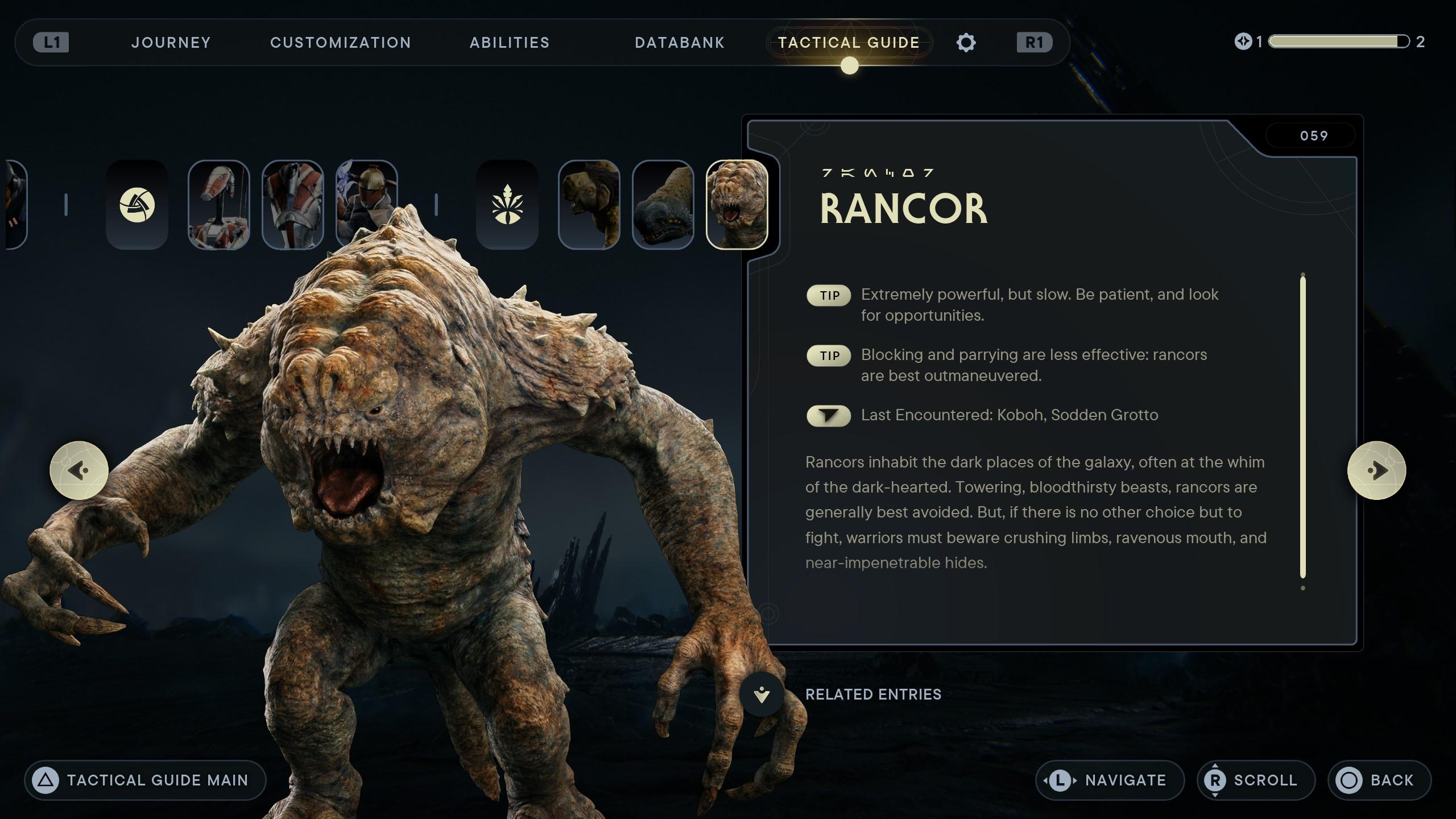 Star Wars Jedi: Survivor Information on the Rancor within the Tactical Guide.