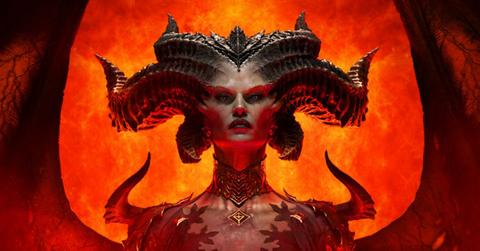 Lilith from Diablo IV on a stylized red background.