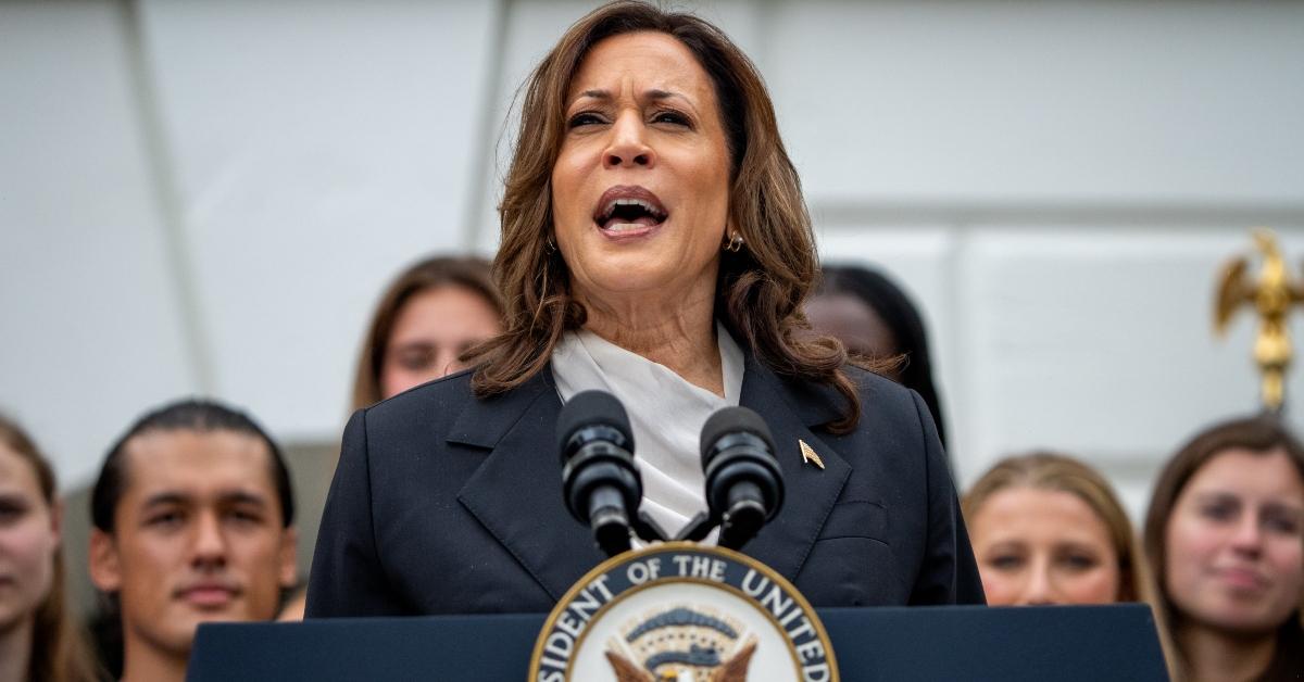 Kamala Harris speaks at  an NCAA championship teams celebration in 2024