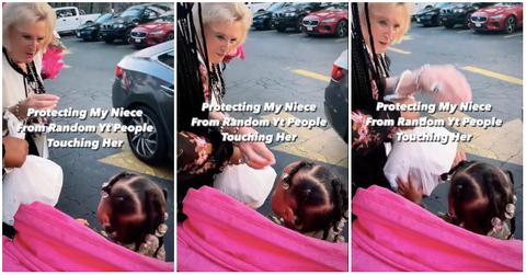 White woman tried to touch Black toddlers ponytails.