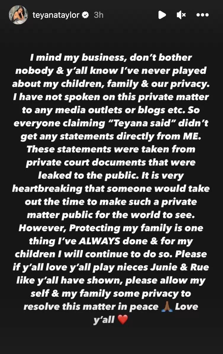 Teyana Taylor statement about divorce on Instagram