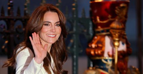 Kate Middleton waving before the 'Together At Christmas' Carol Service at Westminster Abbey on Dec. 8, 2023