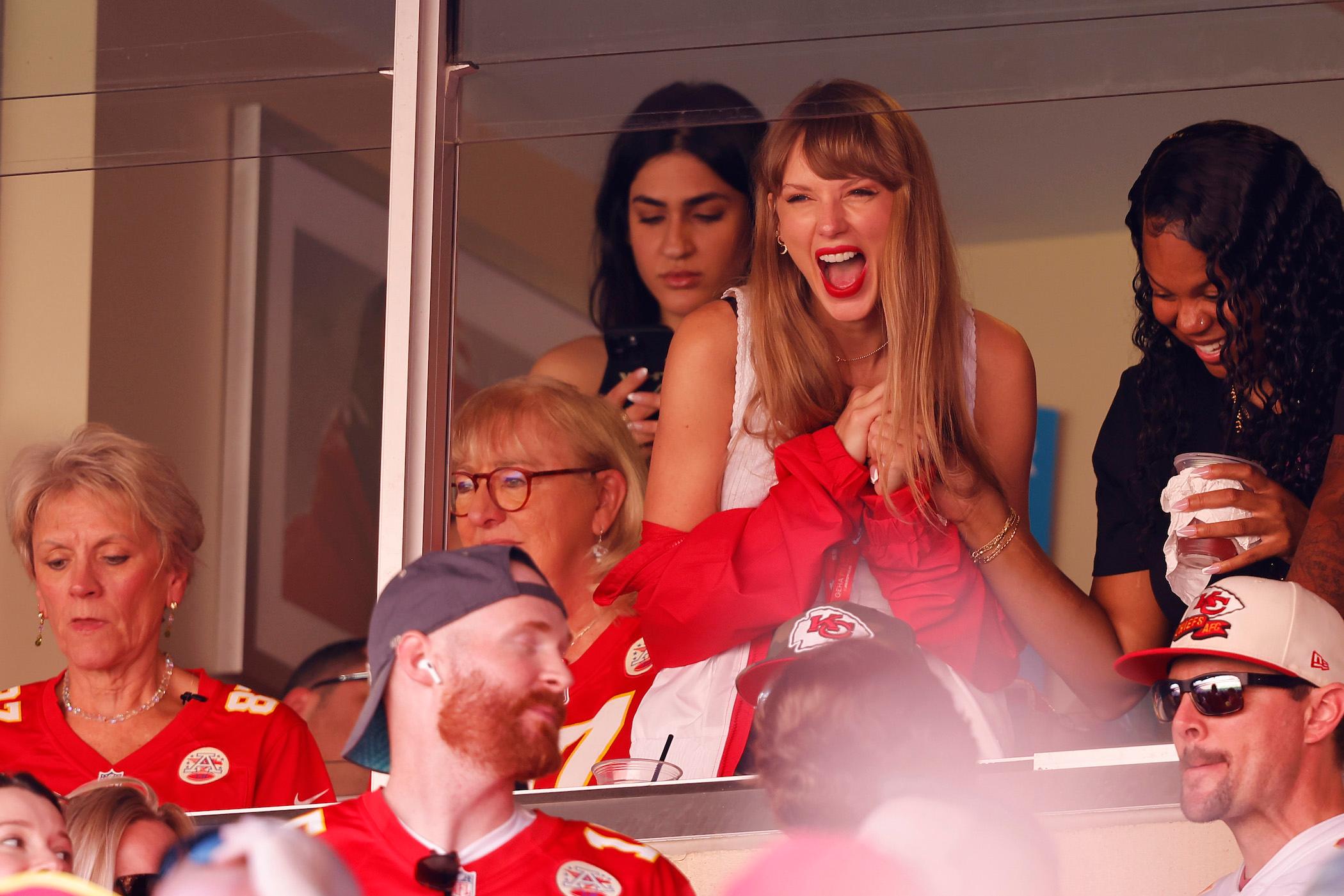 Taylor Swift reacts during a game between the Chicago Bears and the Kansas City Chiefs at GEHA Field at Arrowhead Stadium on September 24, 2023 in Kansas City, Missouri.