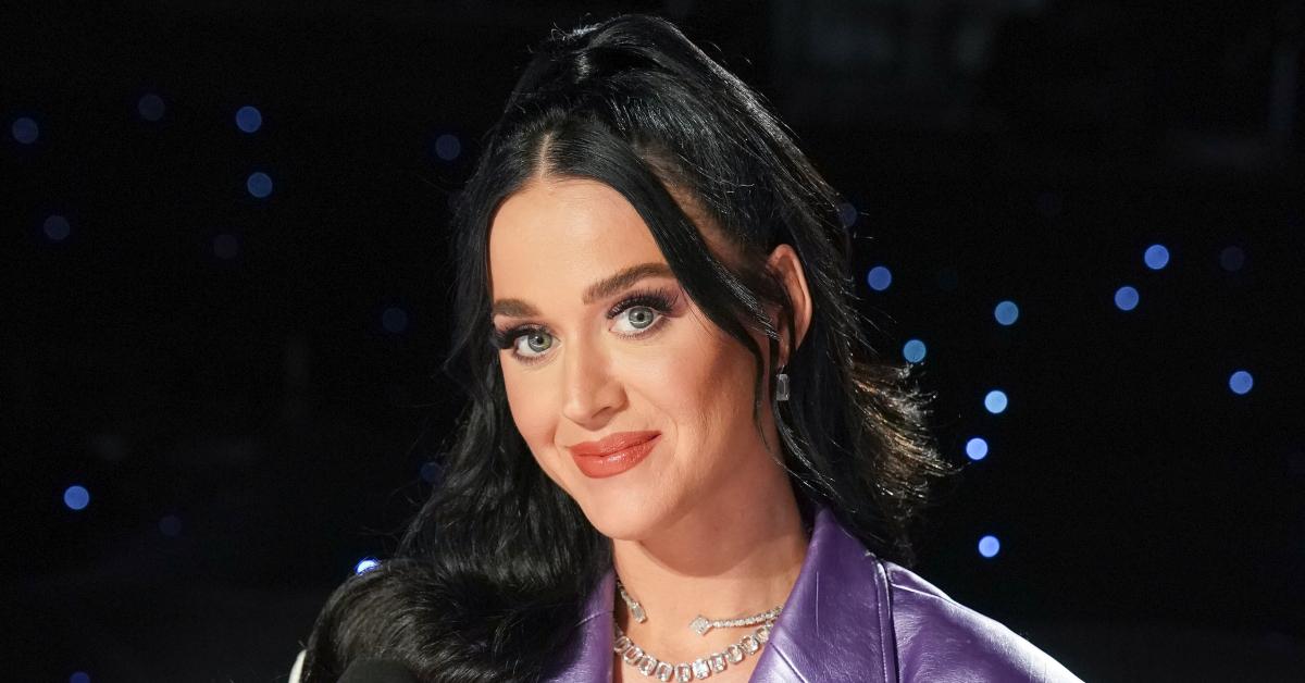 Katy Perry wears a purple leather jacket during Season 21, Episode 6 of 'American Idol' 