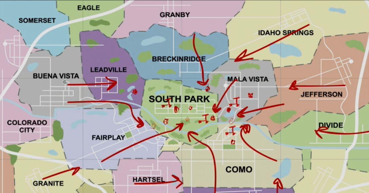 Map showing South Park's position in the region