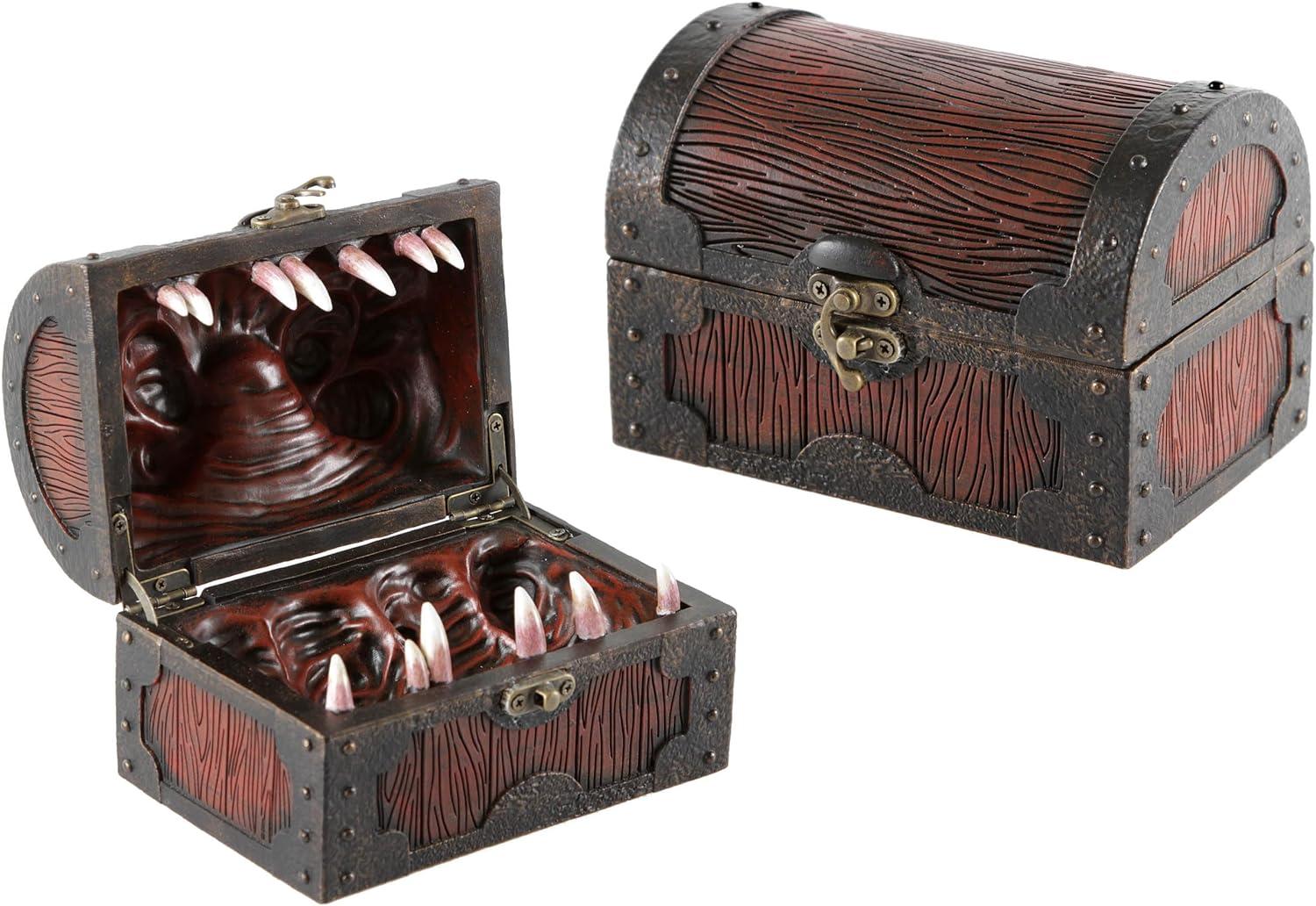 A chest with teeth that's meant to hold up to five sets of dice