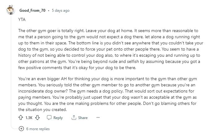 Reddit user asks if he's wrong for bringing dog to gym