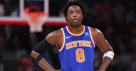 OG Anunoby #8 of the New York Knicks looks on against the Chicago Bulls during the first half at the United Center on April 9, 2024