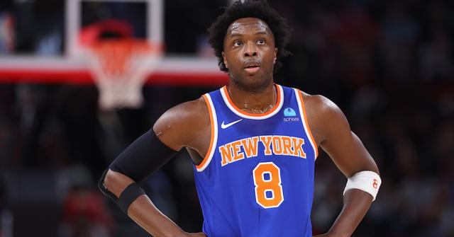 OG Anunoby #8 of the New York Knicks looks on against the Chicago Bulls during the first half at the United Center on April 9, 2024