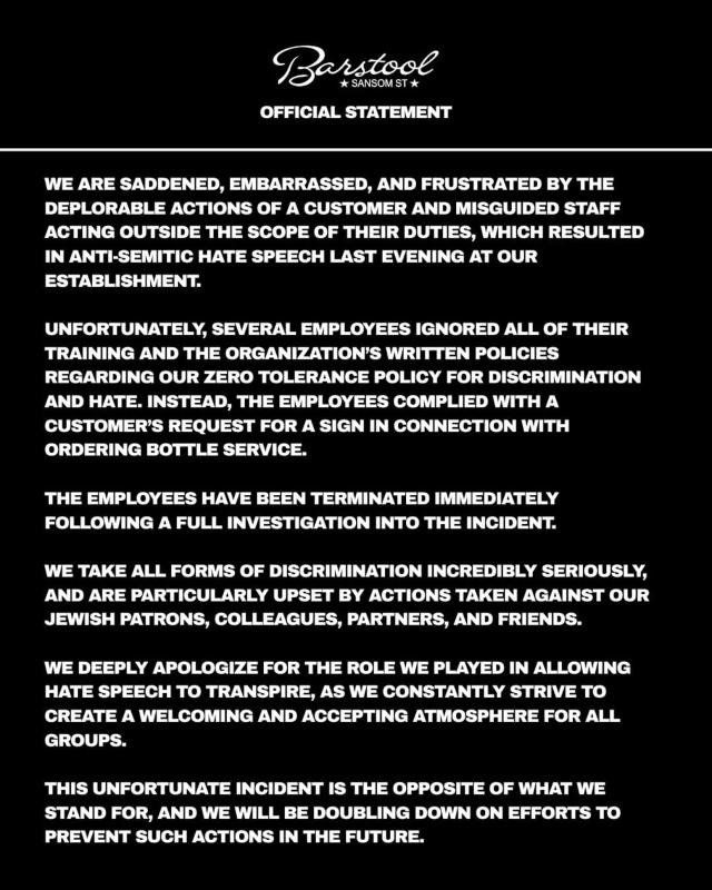 Statement from Barstool in Philly