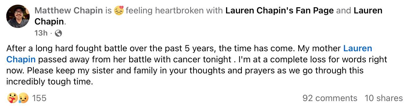 Lauren Chapin's son Matthew announces her death on Facebook.