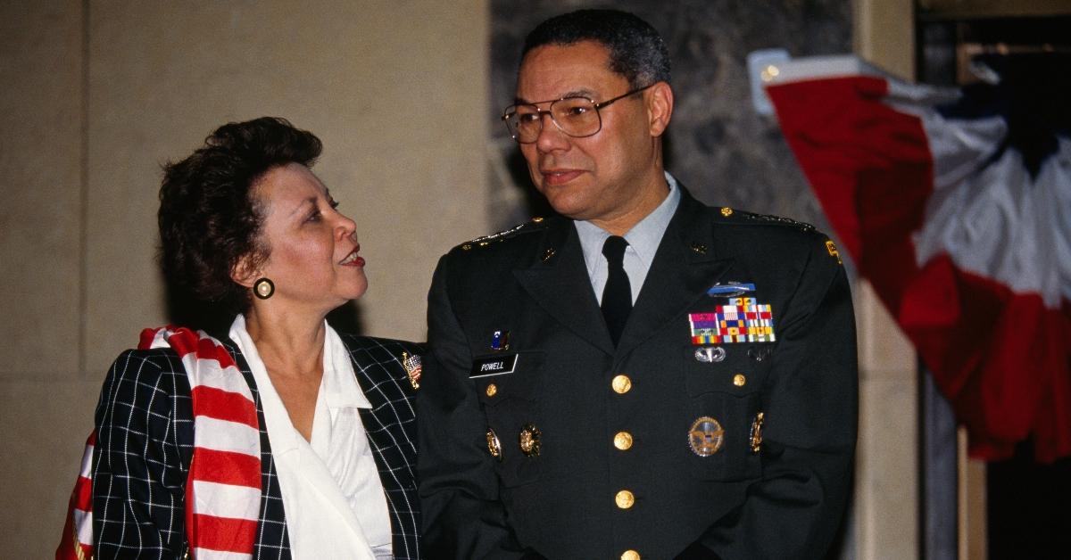 US Chairman of Joint Chiefs of Staff General Colin Powell his wife Alma following the press conference at which he honored veterans in the Bronx. (Photo by Rick Maiman/Sygma via Getty Images)