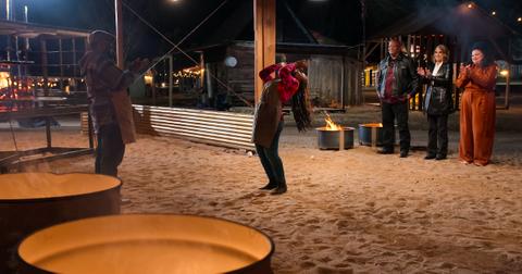 Contestant Gerald Vinnett, judges Kevin Bludso and Melissa Cookston, and host Michelle Buteau in episode 308 of 'Barbecue Showdown'.