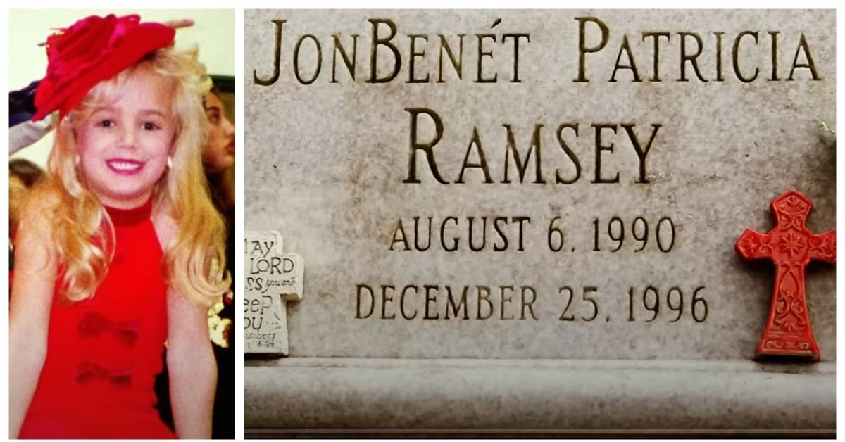 (L-R): JonBenét Ramsey smiles in a photo, gravestone of JonBenét Ramsey