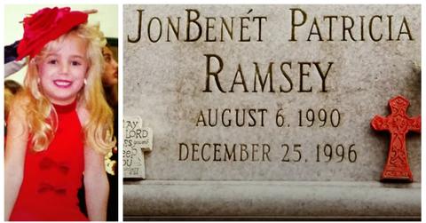 (L-R): JonBenét Ramsey smiles in a photo, gravestone of JonBenét Ramsey